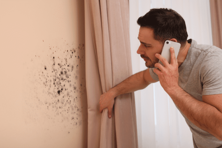 man on the phone discovering black mold spots